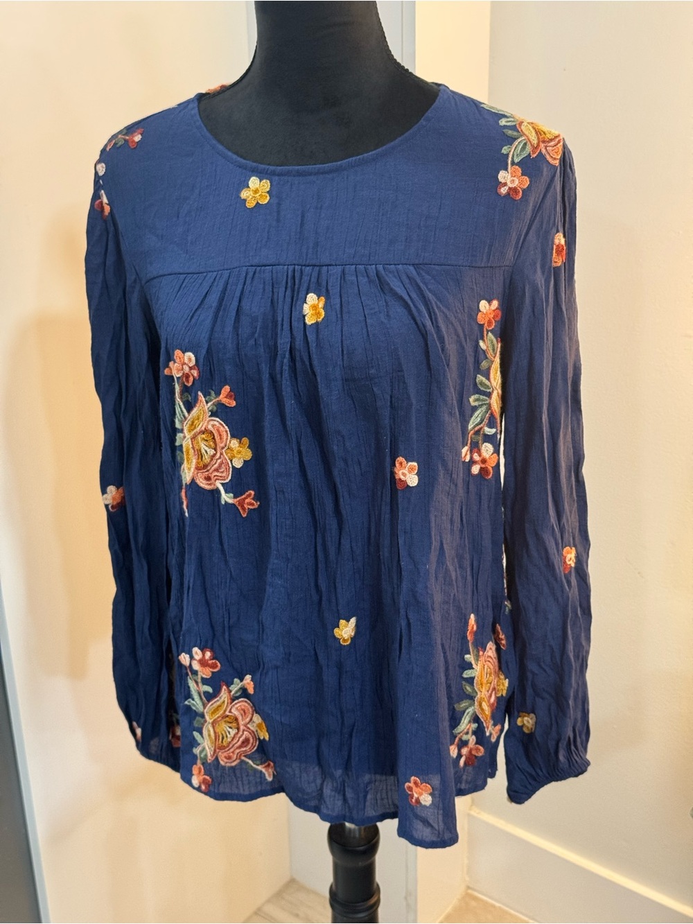 fig and flower Navy Blue Floral Embroidered Long-Sleeve Blouse